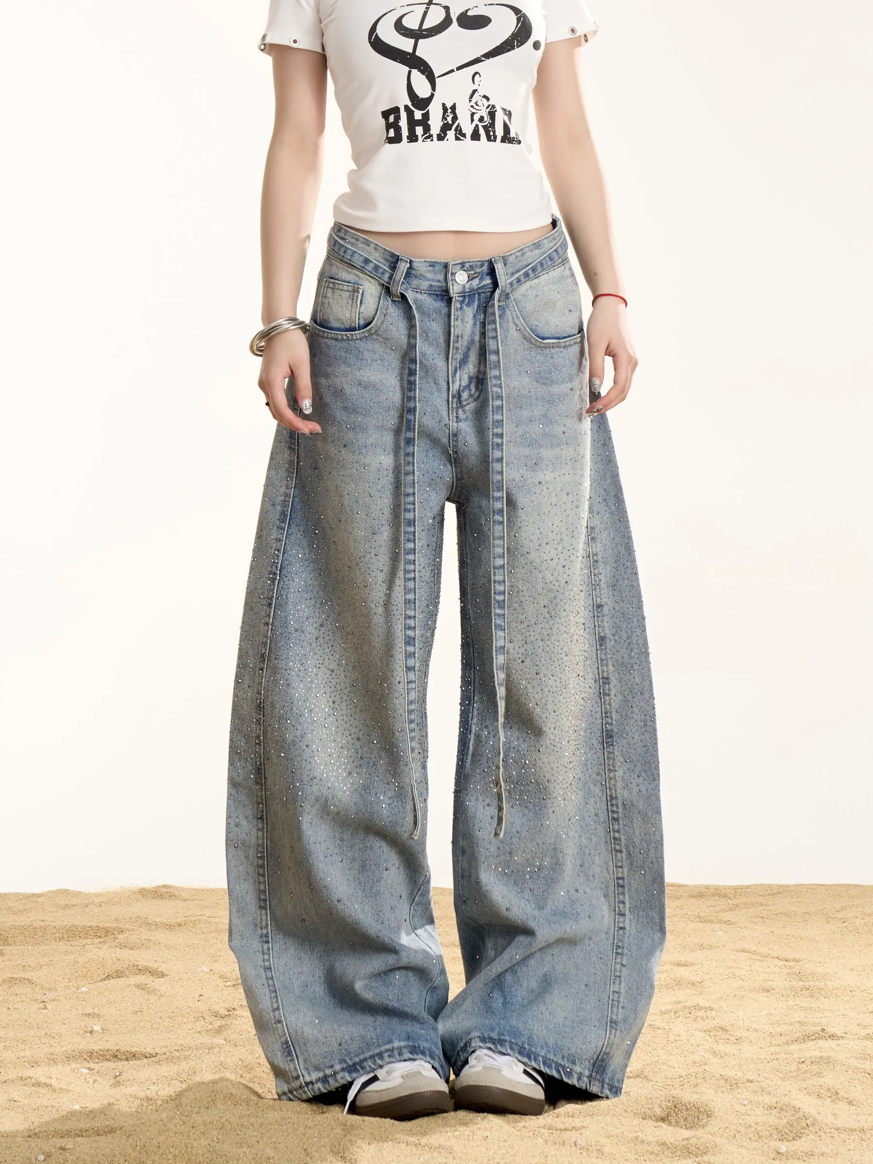 

ONLPP American Retro Washed Rhinestone Wide Leg Jeans Women Loose Fit Slimming Design Long Pants Casual Fashion Ladies Jeans