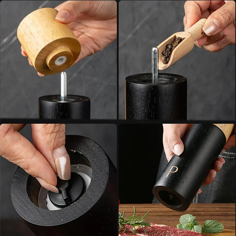 A74E-Oak Wooden Pepper And Salt Mill Set Multifunction Spice Grinder Refillable Mill With Storage Box