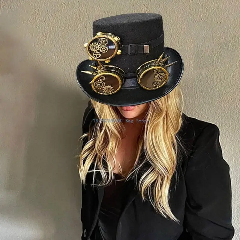 340D Steampunk Gothic Top Hat with Goggles Bowler Jazzs Cap Halloween Cosplay Costume