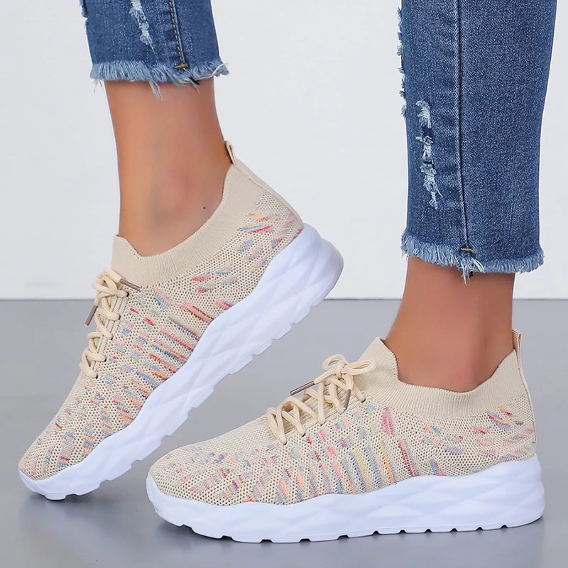 Women\'s Mix Colors Elastic Knitting Sneakers 2023 Autumn Casual Breathable Flats Shoes Woman Thick Sole Lace Up Walking Shoes 43