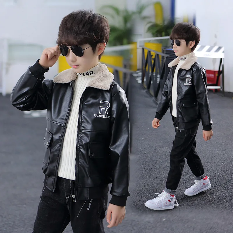 2024 New pattern Boys Coats Autumn Winter Fashion Korean Children\'s lapel Plus Velvet Warming Cotton PU Leather Jacket For 2-12Y