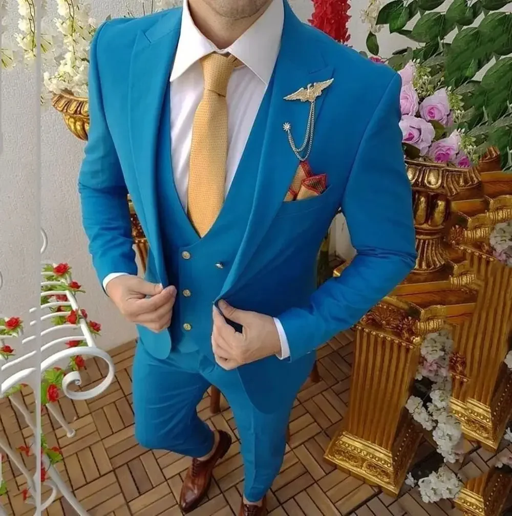 

Homme Costume Men's Blue Suits Peaked Lapel Business Wedding Tuxedos Terno Masculine Slim Fit Groom Prom Party Blazer 3 Pieces