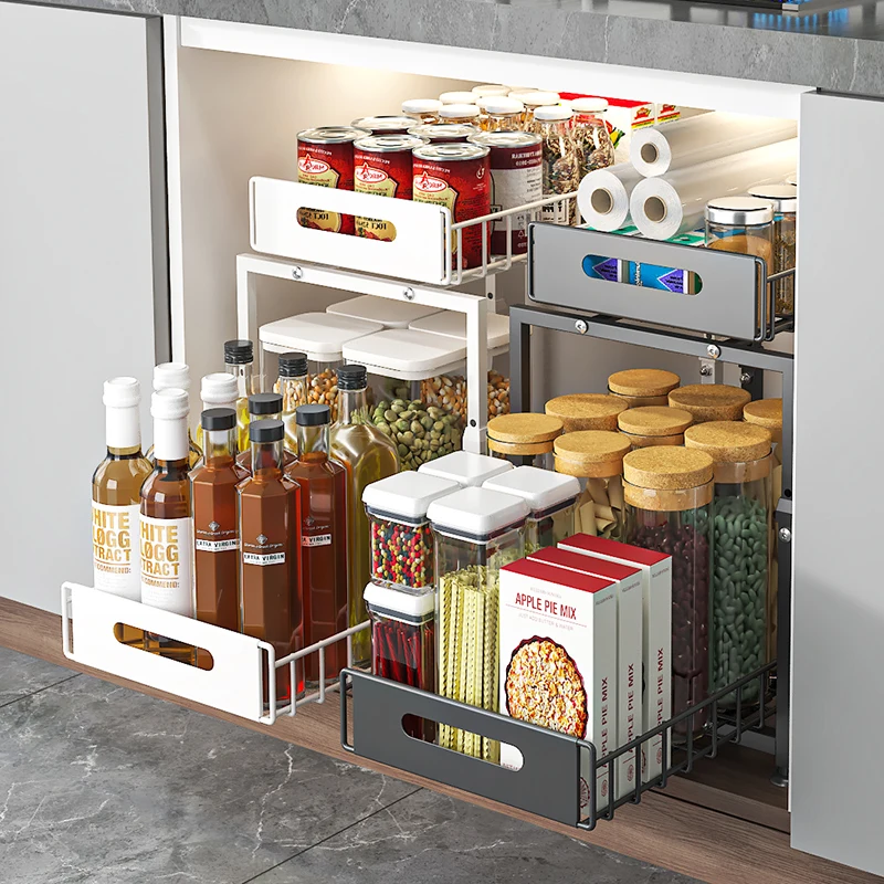 2-stufiges Lagerregal unter dem Schrank, höhenverstellbar, ausziehbar, langlebiges Metall, rostfrei, für Küche, Speisekammer, Badezimmer