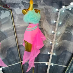 Latin Dance Competition Women's High-end Custom Mint Green Rose Pink Color Cha Samba Performance Rhinestone dress