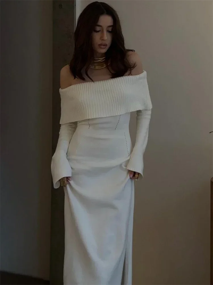 Tossy White Autumn Knit Sweater Long Dress Women Ribbed High Waist Fashion Off-Shoulder Loose Party Dress Female Knitwear Dress