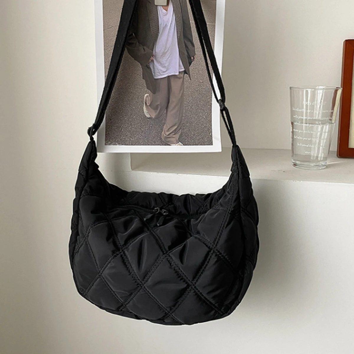 Bolsa transversal feminina Cloud com bordado de diamante preto, grande capacidade, tipo dumpling (sem pingente)