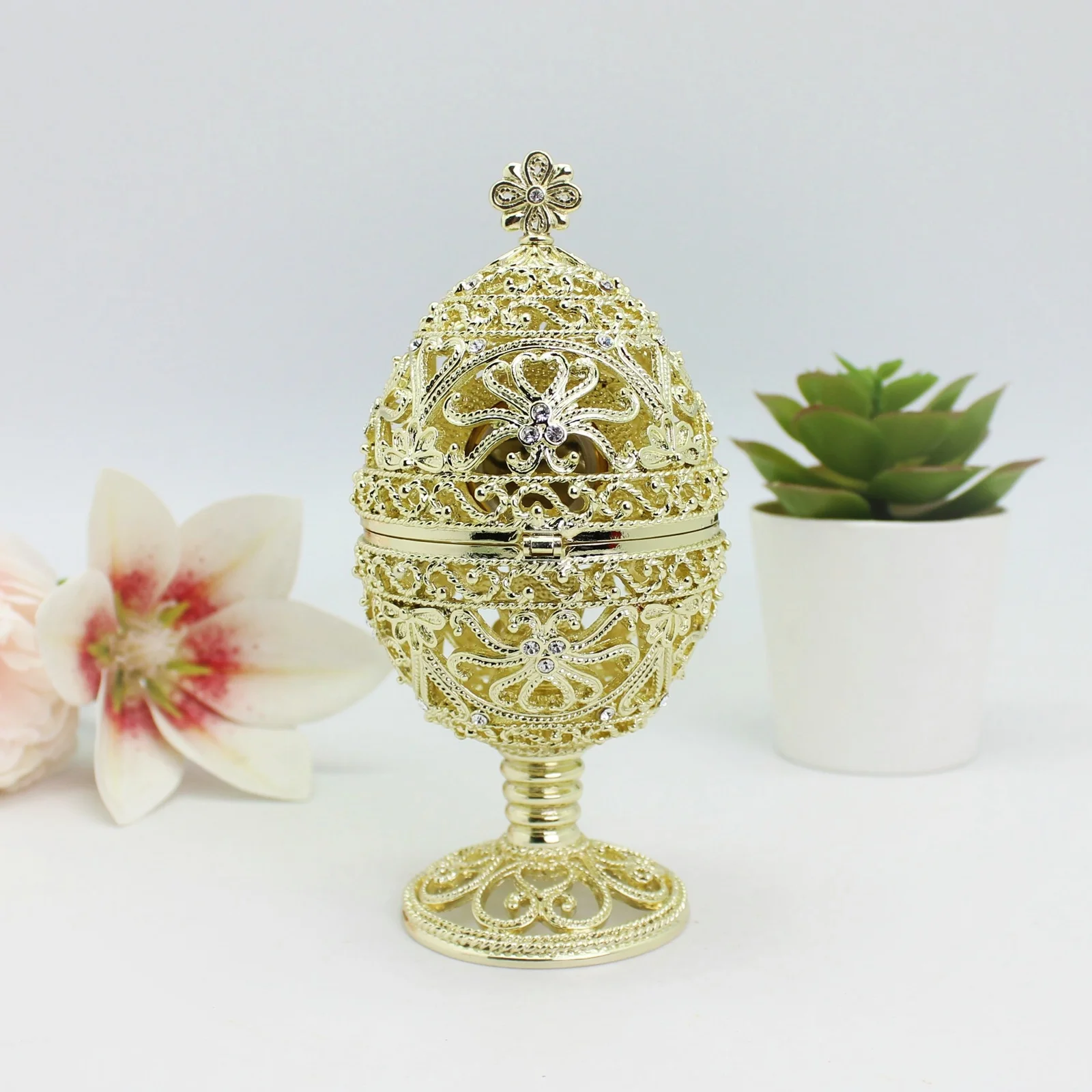 SHINNYGIFTS Faberge Egg Style Easter Egg Trinket Box with Inner Clock Hand Painted Enamel Jewelry Box for Display Home Decor