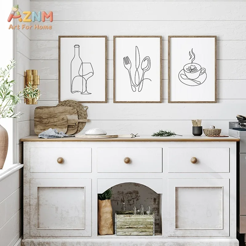 AZNM Minimalist One Line Canvas Print Wine Bottle Cutlery Coffee Cup Simple Black Line Drawing Neutral Kitchen Wall Poster Unfra