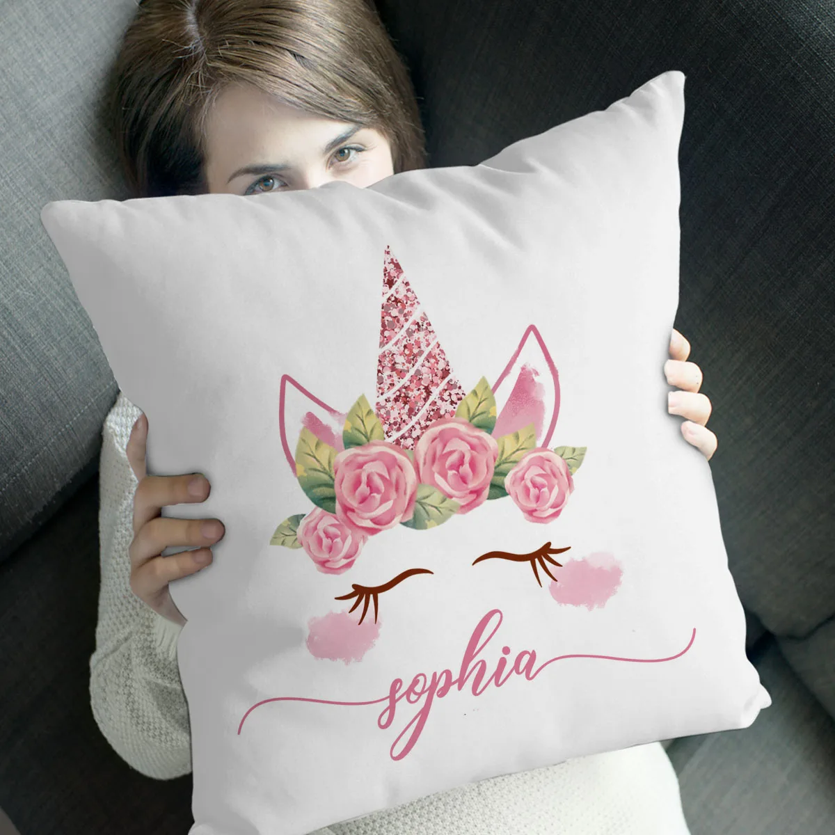 WUZIDREAM Personalized Unicorn Cushion Name Kids Room Decor Throw Pillow Zipper Home Sofa Decorative Pillow Cover Cushion Case