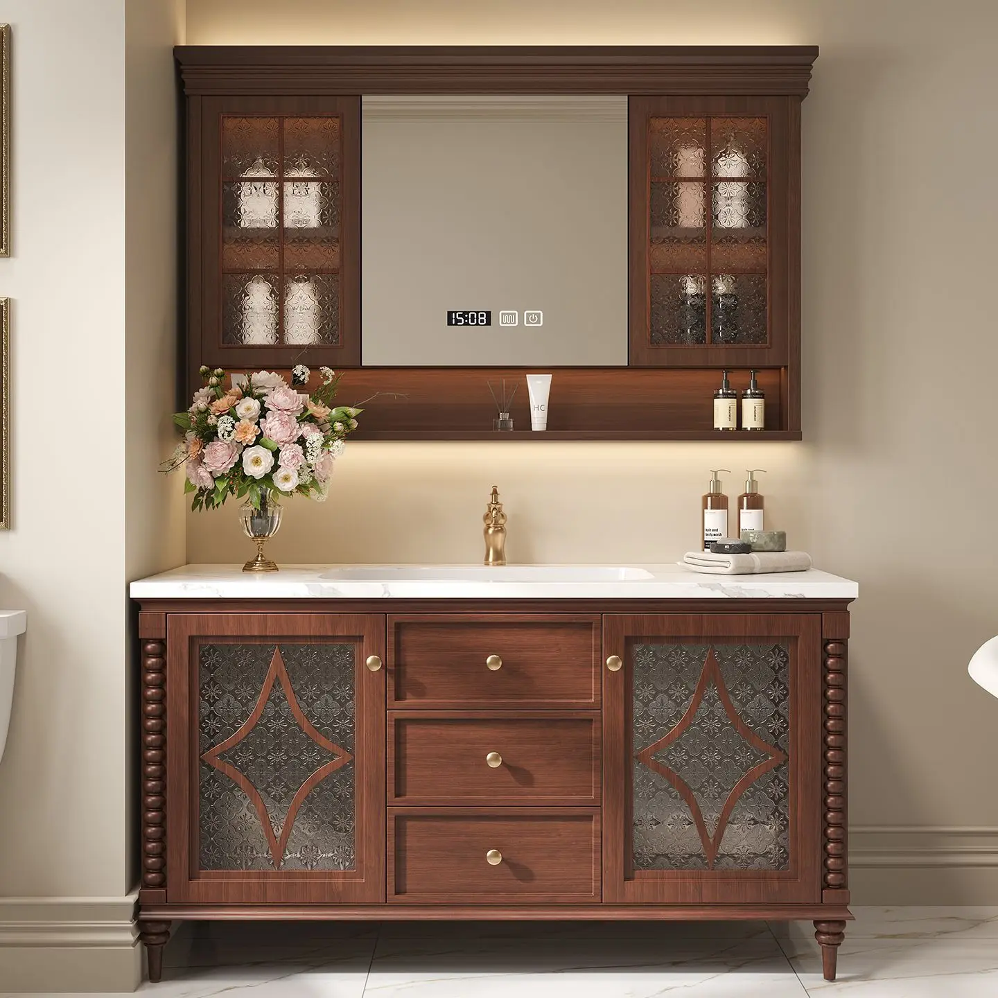 Factory Direct 2026 American medieval style bathroom cabinet combination floor-to-ceiling French retro washbasin toilet washbasi view 3