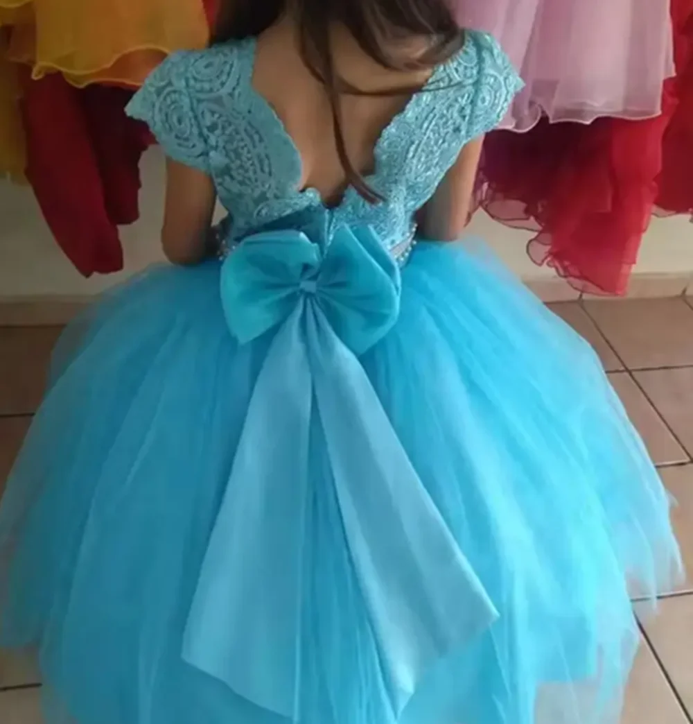 Vestidos de niña de flores azul real personalizados para boda, apliques florales con lazo, vestido de desfile para fiesta de cumpleaños y banquete para niños