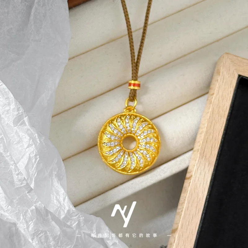 

gold store style 24K real gold ancient diamond sunflower pendant necklace au9999 pure gold sweater chain safety buckle for women