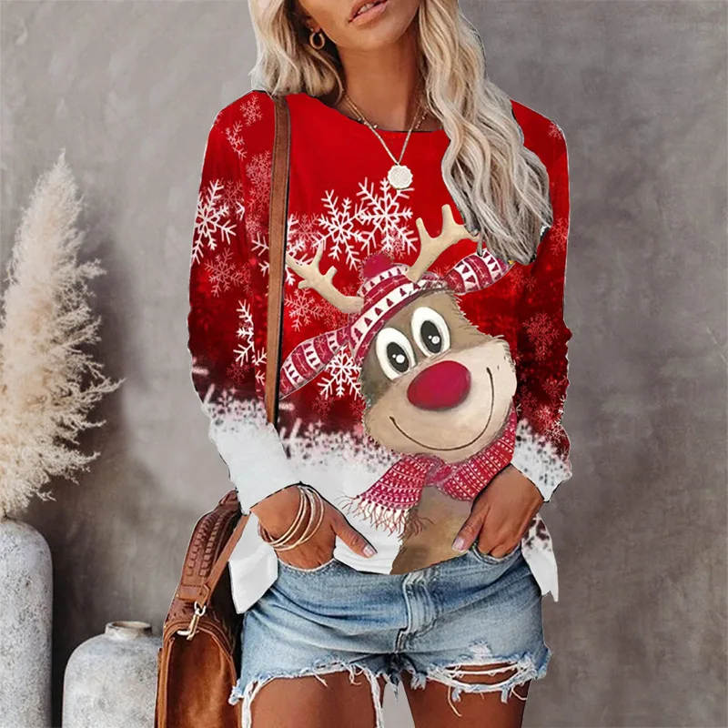 Cartoon Christmas Deer Women Fashion T-Shirts Long Sleeve Autumn Winter Street Hip Hop Pullovers Tops Round-Neck Christmas Tees