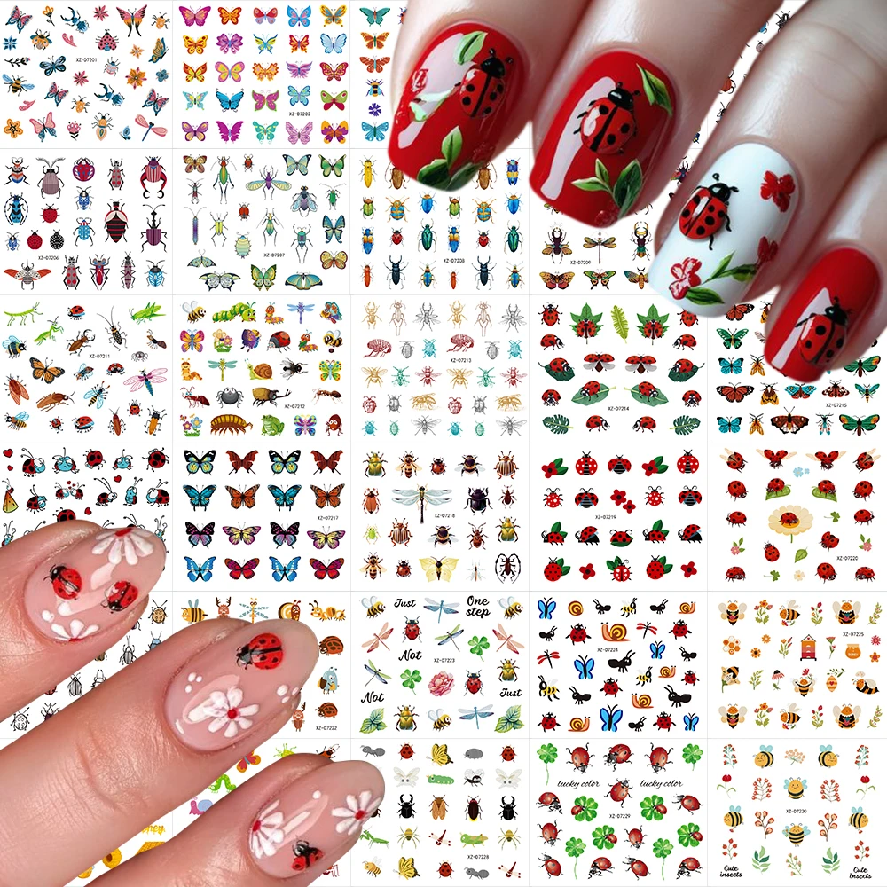 30 peças 3d borboleta mista, flor, joaninha, folhas adesivos de arte de unha primavera e verão kawaii inseto slider de unhas diy joaninha decalque de unha