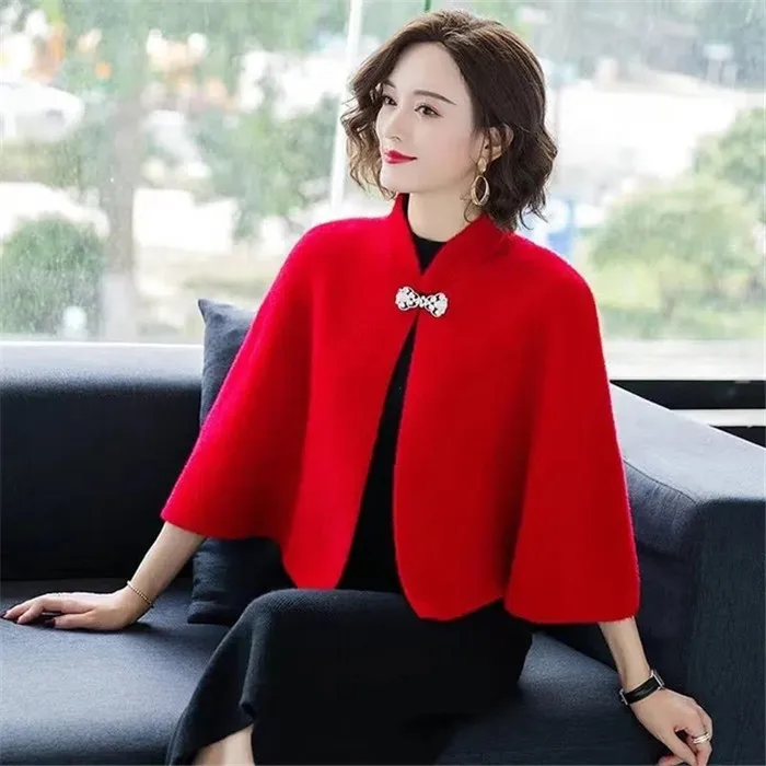 Women Imitation Mink Velvet Sweater Short Knitted Shawl Coat Autumn Winter Thicken Embroidered Cloak Elegant Cardigan Jacket