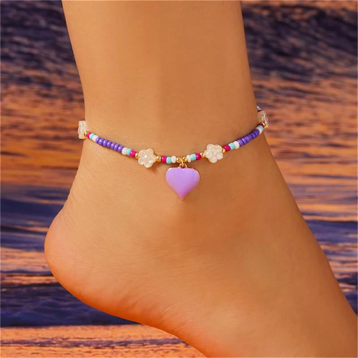 Boho Colorful Enamel Heart Flower Anklets For Women Charm Small Resin Beads Ankle Bracelet Summer Beach Barefoot Chain Jewelry