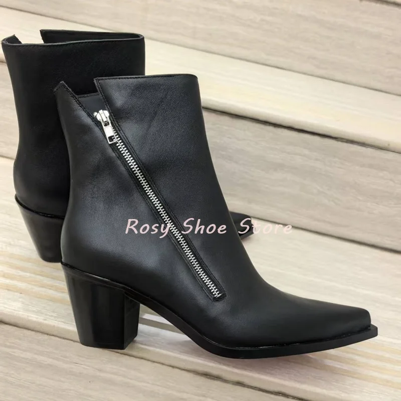 

Women's New Black Leather Diagonal Zipper Decor Ankle Boot Mature Lady Pointed Toe Square Heel Short Boot Autumn Versatile Daily