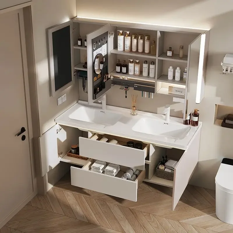 Simple cream smart ceramic integrated bathroom cabinet modern combination toilet hand wash basin washbasin
