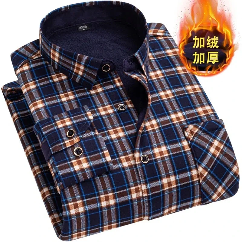 Autumn and Winter Pure Cotton Men's Oversized Blouse Plus Size Plaid Long Fit Fashion Casual Wool Thickened Warm Knit shirt 9