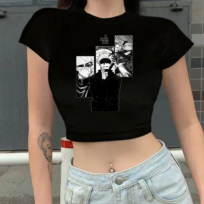 

Women's Crop Top T-irt Japanese Anime Jujutsu Kaisen Manga Print ort Sve Casual irt for Ladies Fall Season