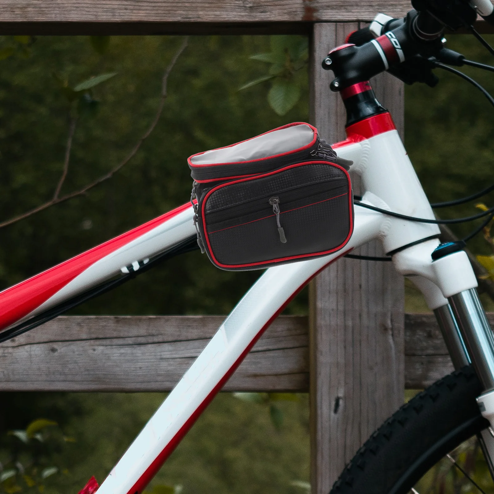 

Red Waterproof Bike Phone Bag Mountain Front Beam Saddle Bag Three Zipper Pockets Earphone Hole Cycling Storage Pouch