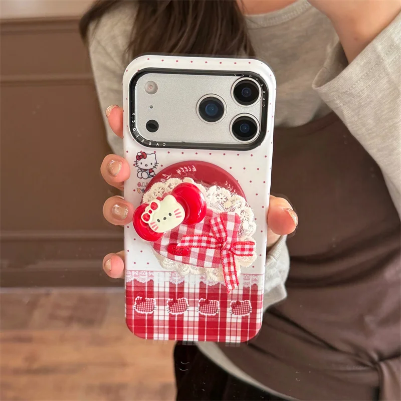 

Korean White Polka Dot Plaid Pattern Magnetic Phone Case For iPhone 17 Pro 15 14 16 Pro Max Cover with Stand Cute Cases For Mags