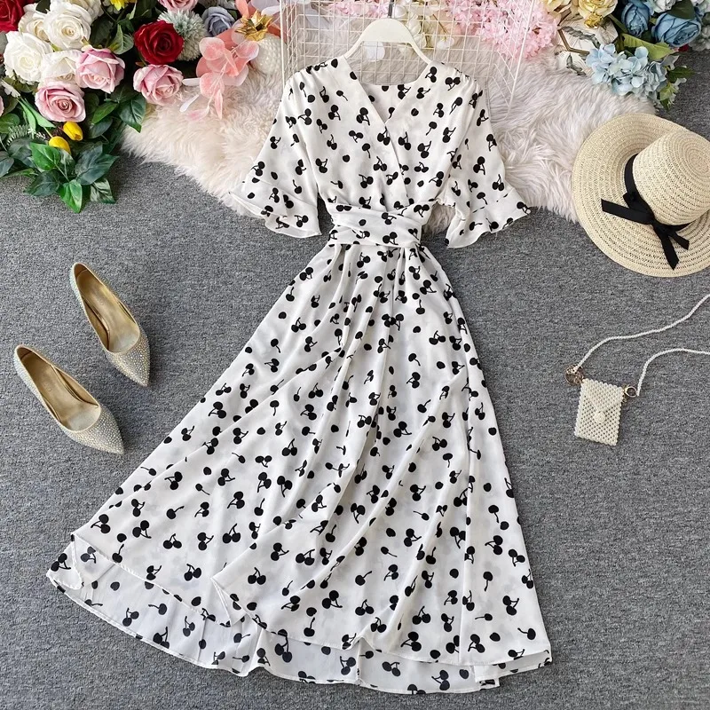 YuooMuoo Women Dress Fashion Vintage Ins Bandage Slim Waist A-line Long Dress Vacation Beach Summer Outfits Lady Robe Femme