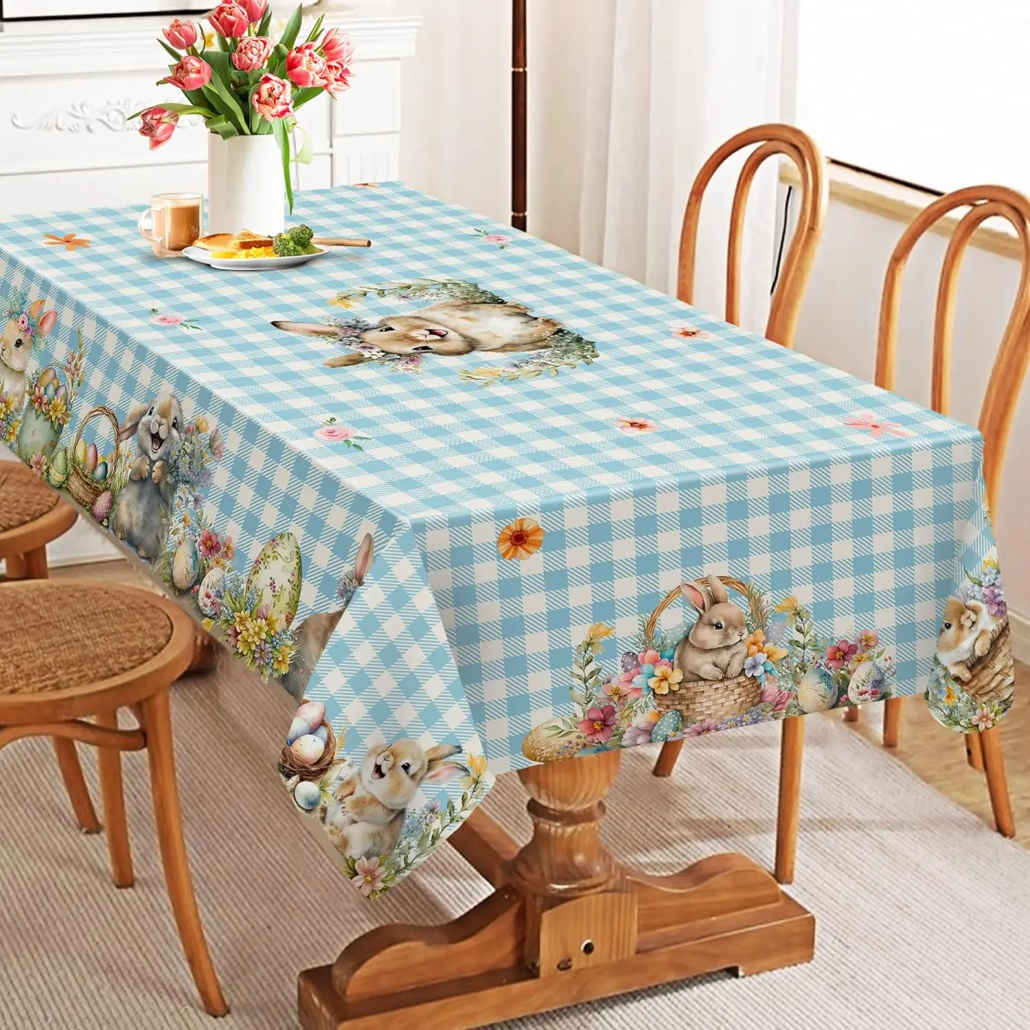 Easter Eggs Bunny Floral Tablecloth Party Table Decor Spring Colorful Flower Buffalo Plaid Dining Table Cloth Easter Decorations