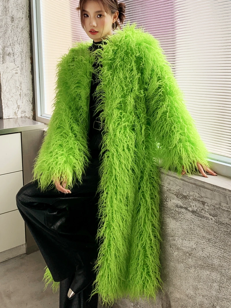 Autumn Winter New High-End Green Fur Color Coat Women Light Luxury Imitated Mongolia Sheep Fur Long Thickened Warm Fur Jacket