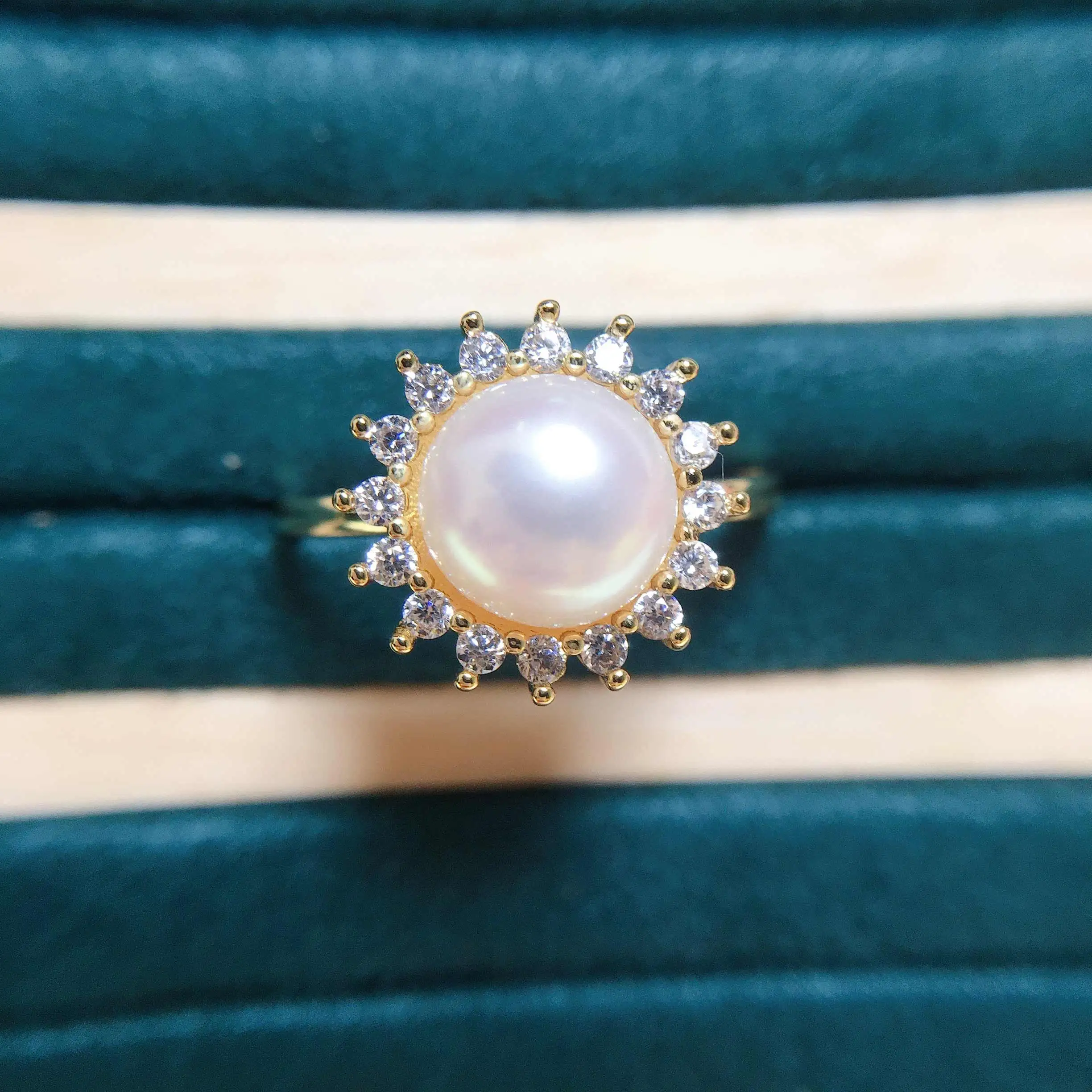 ZHBORUINI Round Pearl Ring 100% Real Natural Pearl 925 Sterling Silver  AAA Zircon Sun Shine Ring Female Wedding Jewelry Gift