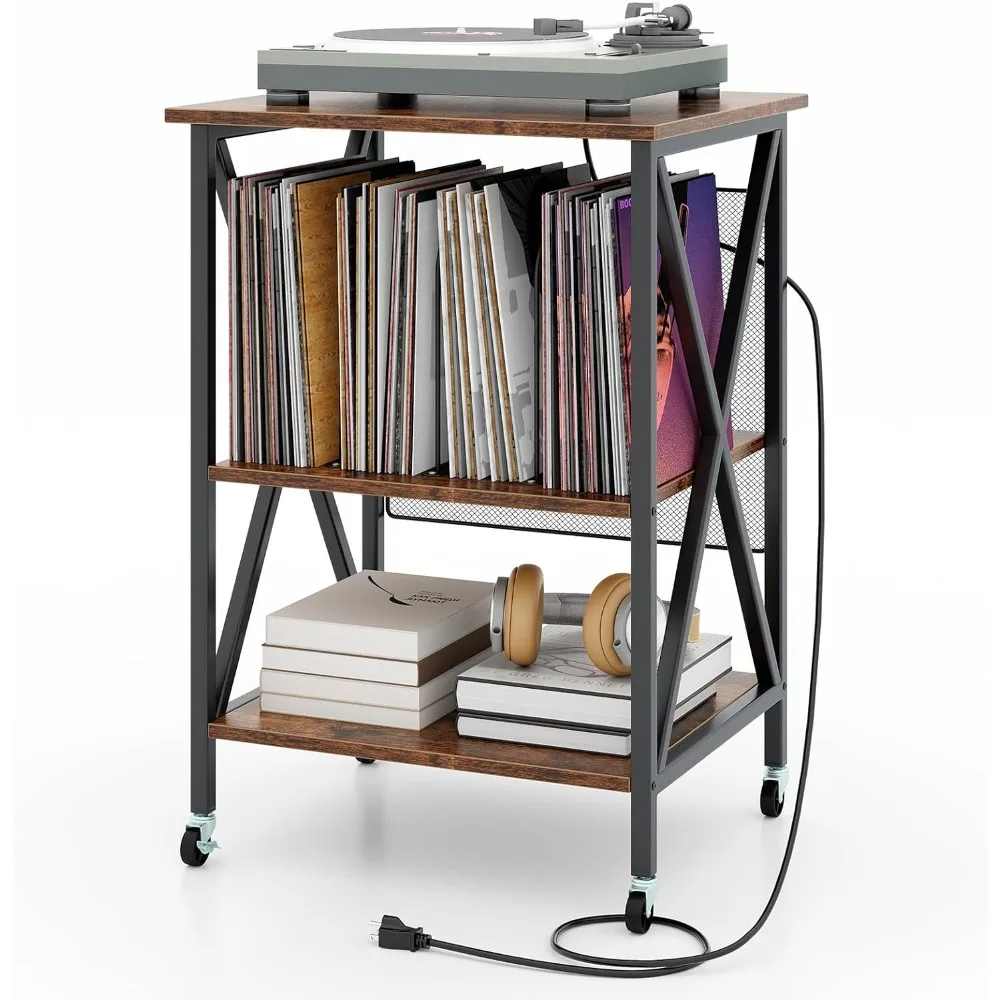 

Record Player Stand with Charging Station, Turntable Stand with Record Storage & 4 Rolling Wheels, Vinyl Record Storage Table u