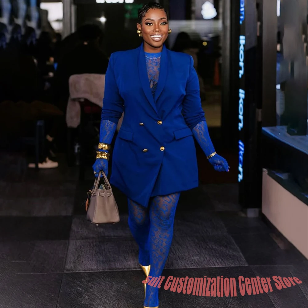 Luxury Royal Blue Women's Jacket 1Piece Set Double-Breasted Shawl Lapel Blazer Chic Glamorous Evening Party Female Outerwears