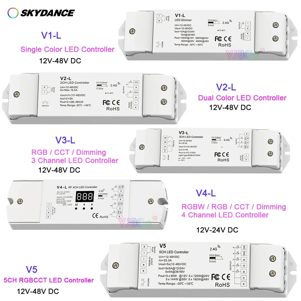 Contrôleur de bande LED avec télécommande RF, gradateur en continu, Push Dim, document touristique, RVB, RGBW, RGBCCT, document unique, 12V-48V, 24V, 2.4G