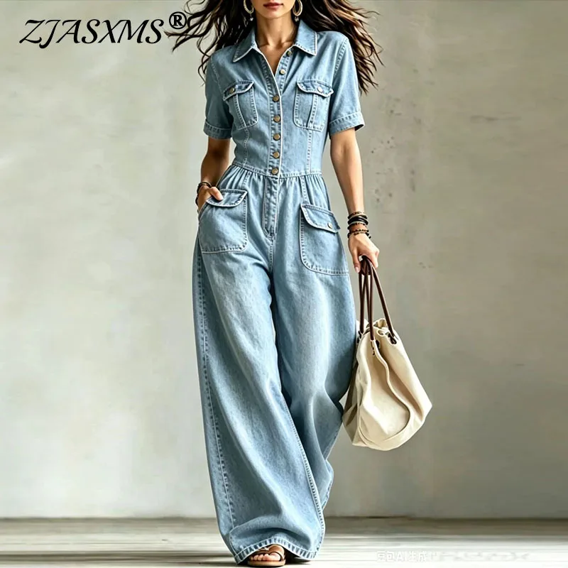 Casual Lapel Collar Short Sleeve Denim Jumpsuit Lady Summer Loose Solid Romper Pockets Button Wide Leg Trousers One Piece Outfit