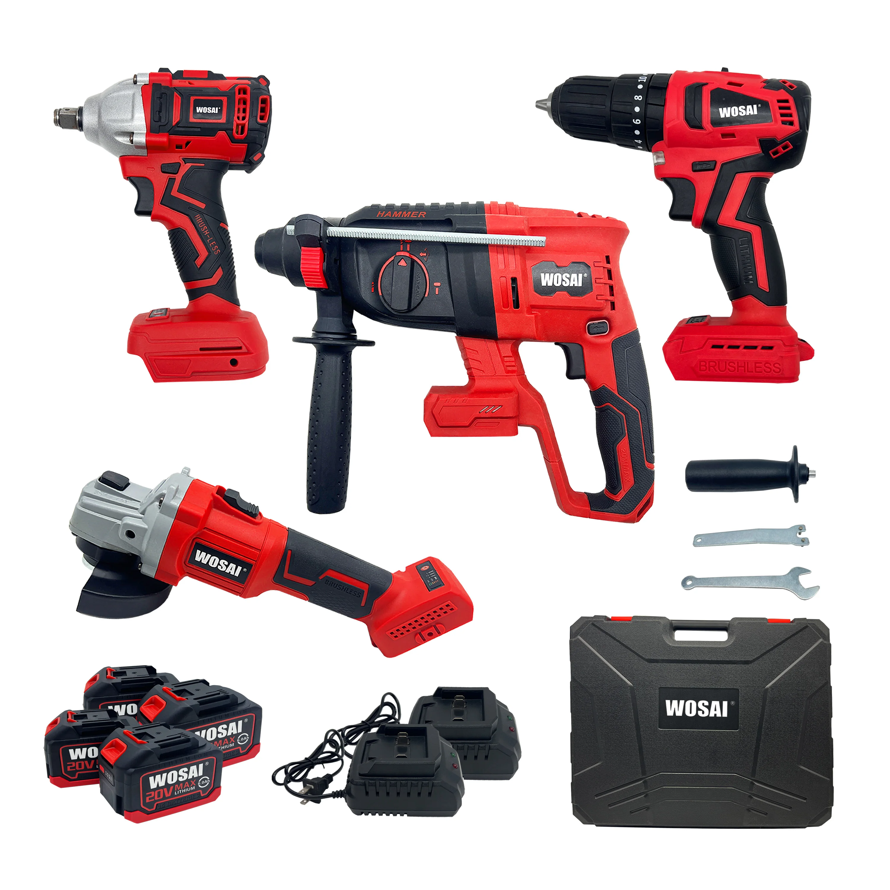 WOSAI 20V Brushless Electric Hammer  Screwdriver Grinder Drill Wrench  Cordless Tools Set