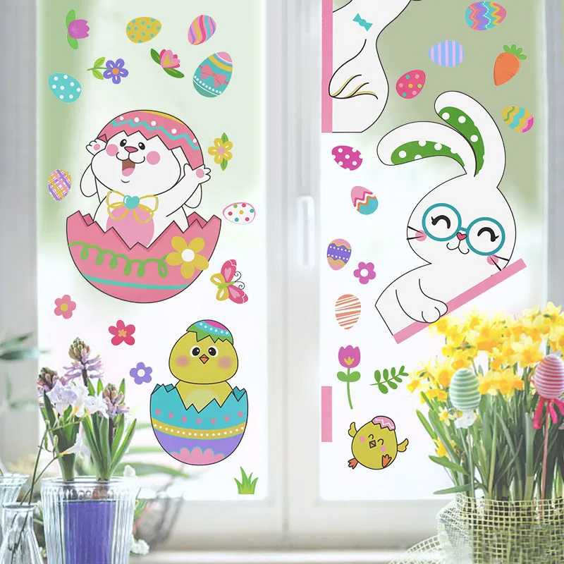 Easter Window Stickers Rabbit Eggs Carrot Wall Glass Sticker 2025 Happy Easter Party Decorations DIY Pvc Electrostatic Decals