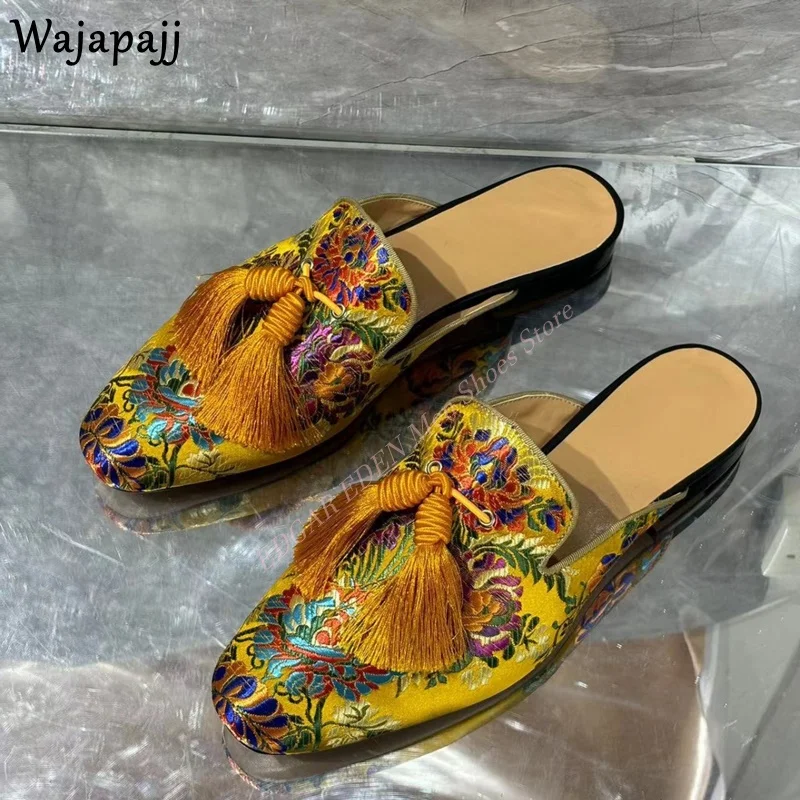 Fashion Colorful Flower Embroidery Tassel Man Summer Satin Slippers Comfortable Flat Heel Round Toe Male Outside Mules Shoes