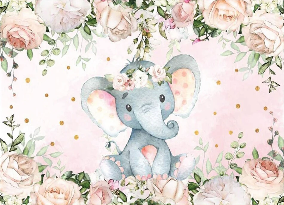 

Pink Baby elephant Rustic Floral Flower backdrops birthday party background