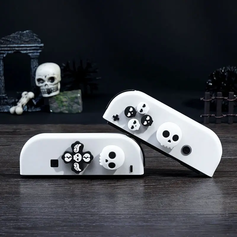 Black White Skull Silicone Soft D-pad Cross Button ABXY Key Sticker Skin Case For Switch/Oled Joy-con Thumb Stick Grip Cap Cover