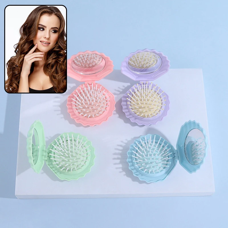 

Mini Seashells Shape Hair Comb With Folding Mirror Traveling Portable Massage Folding Comb Women Girl Hair Brush Styling Tools