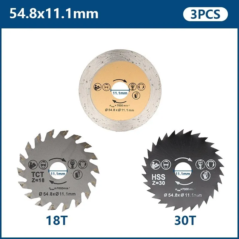 Mini lâmina de serra circular 3 peças 54,8x11,1mm 30/60T, disco de corte multiferramenta de metal, lâmina de corte de madeira cerâmica de plástico