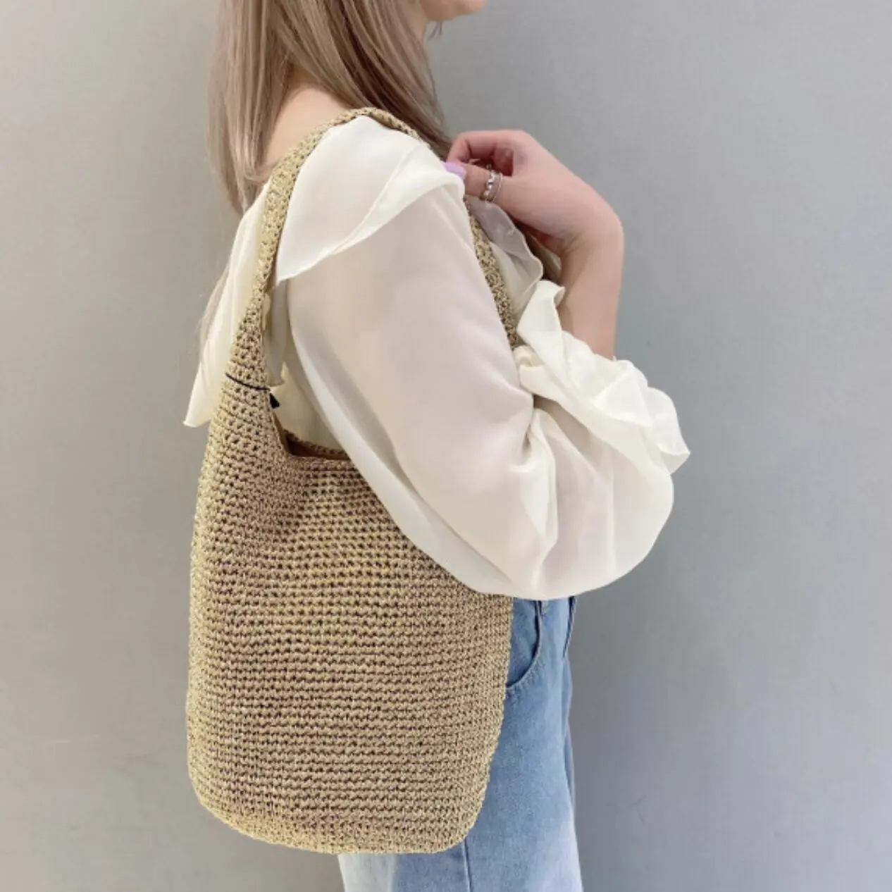 Summer Daily Commute Bucket Bags Female Japanese Silver Large Woven Shoulder Bag Handbook Large Capacity Tote Bags for Women