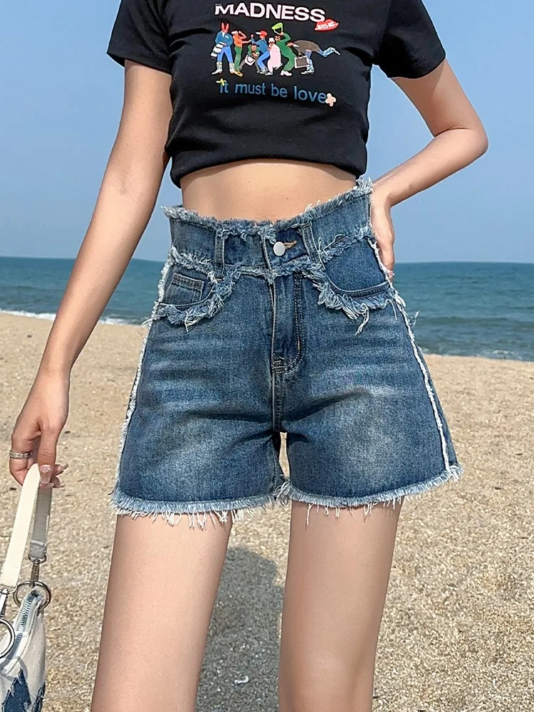 

High Waist Faded Short Jeans Women's Loose Fit Summer Thin Wide Leg A-Line Hot Pants Torn Vintage Style Teen Girls Jeans