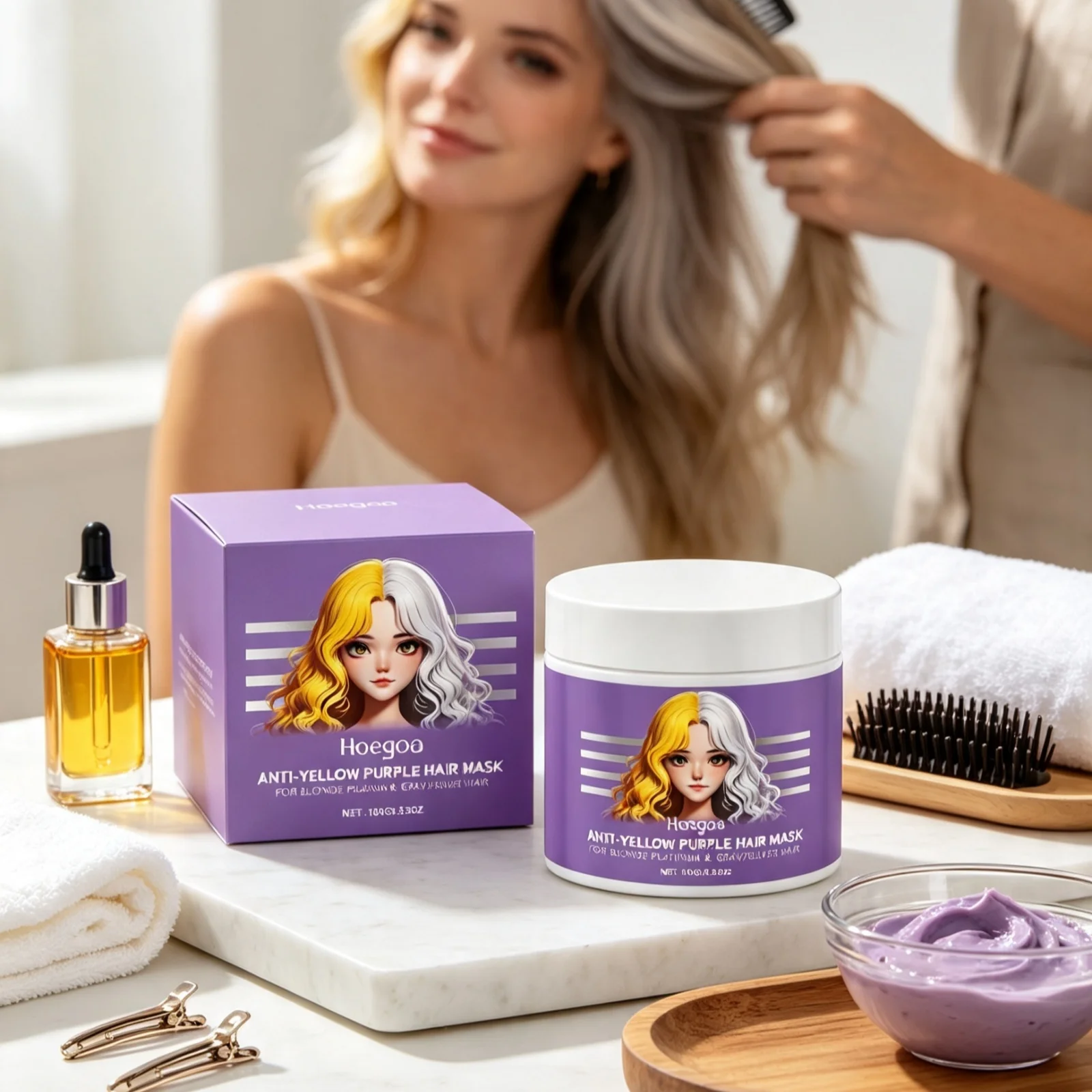 Hoegoa Purple Hair Mask Deep Nourishing Reduce Frizz Smooth Boost Luster Long Lasting Moisturizing Repair Damaged Hair Care Mask