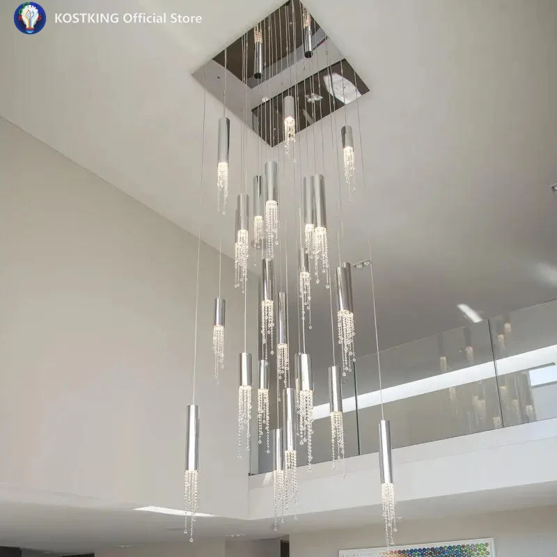 

Modern Chrome Crystal LED Chandelier Luxury Large Cristal Staircase Hanging Fixture For Hallway Lobby Long Indoor Ceiling Lustre