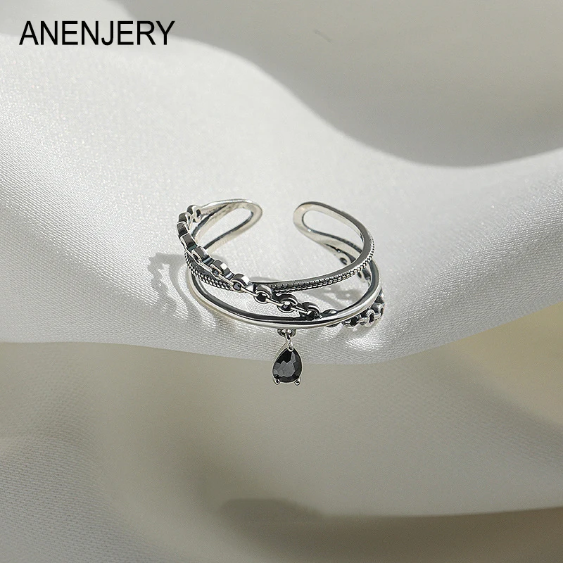 ANENJERY Three-layer Cross Black Zircon Water Drop Chain Open Ring for Women Personality Niche Design Retro bague femme anel