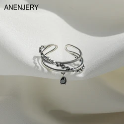 ANENJERY Three-layer Cross Black Zircon Water Drop Chain Open Ring for Women Personality Niche Design Retro bague femme anel