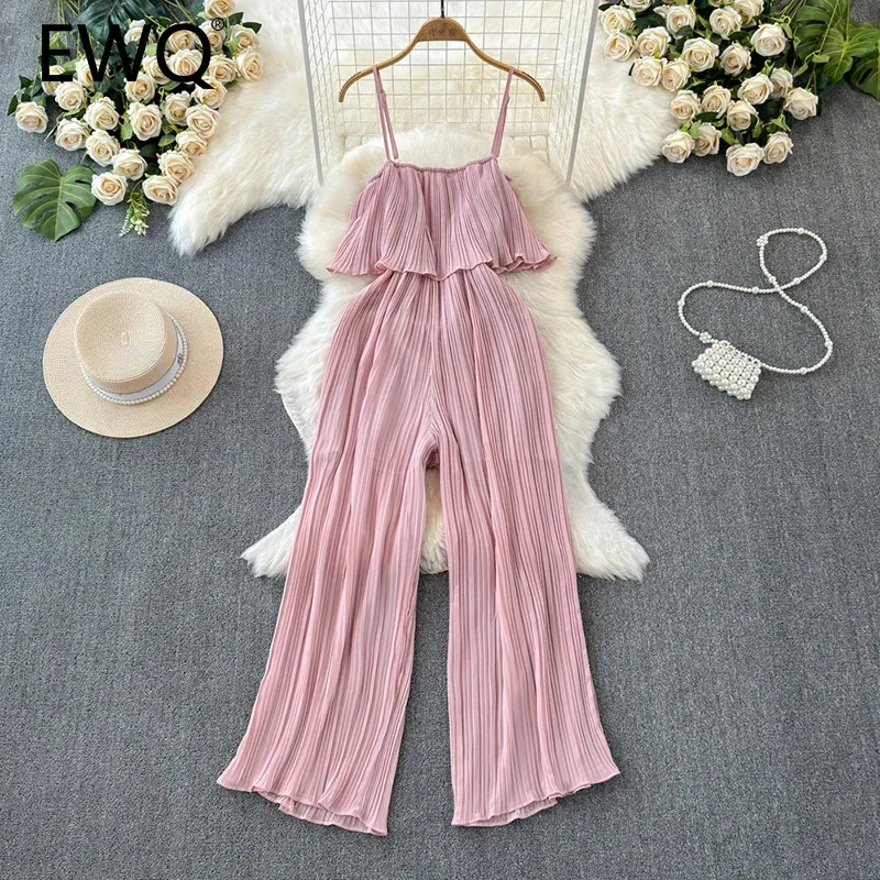 

EWQ Casual Summer Pleated Jumpsuit For Women Sling Sleeveless Ruffles Solid Color Loose High Waist Clothing 2024 New 27C666