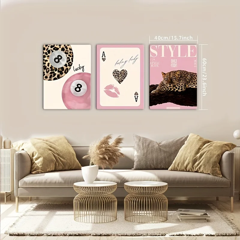 Conjunto de 3 Peças de Arte em Tela de Leopardo e Guepardo, Impressão Moderna Sem Moldura Impressão da Bola 8 da Sorte, Pintura em Tela para Decoração