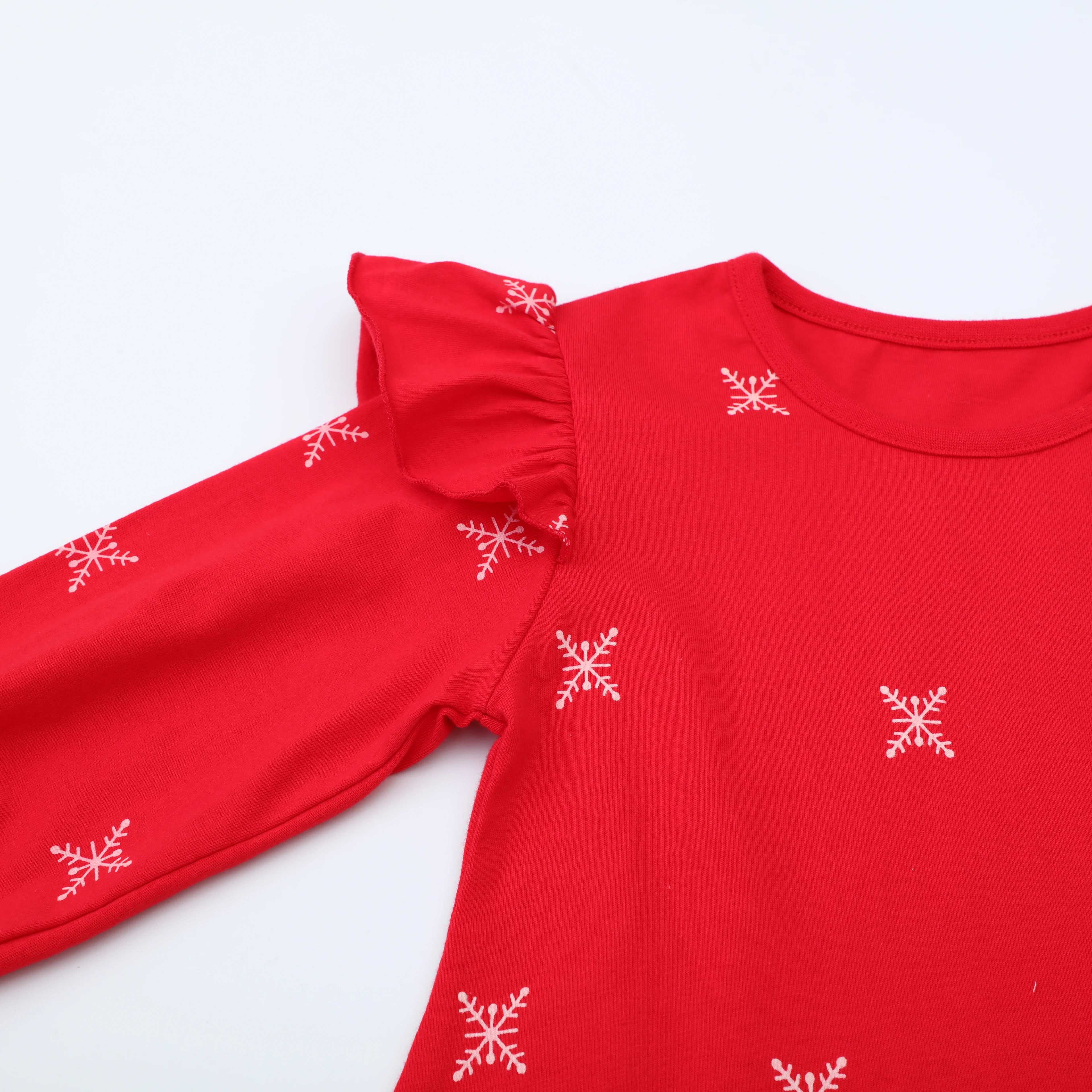 ชุดเดรสผ้าฝ้าย 100% สำหรับเด็กผู้หญิงในวันคริสต์มาสพร้อมแขนเสื้อระบาย - ลายซานตาคลอส/กวางคริสต์มาส/เกล็ดหิมะ - สไตล์ฤดูใบไม้ร่วงและฤดูหนาว